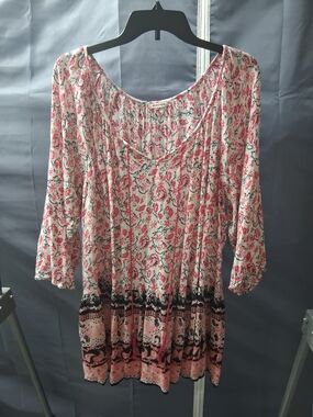 Boho Peasant Tunic Top in Pink and Black Floral